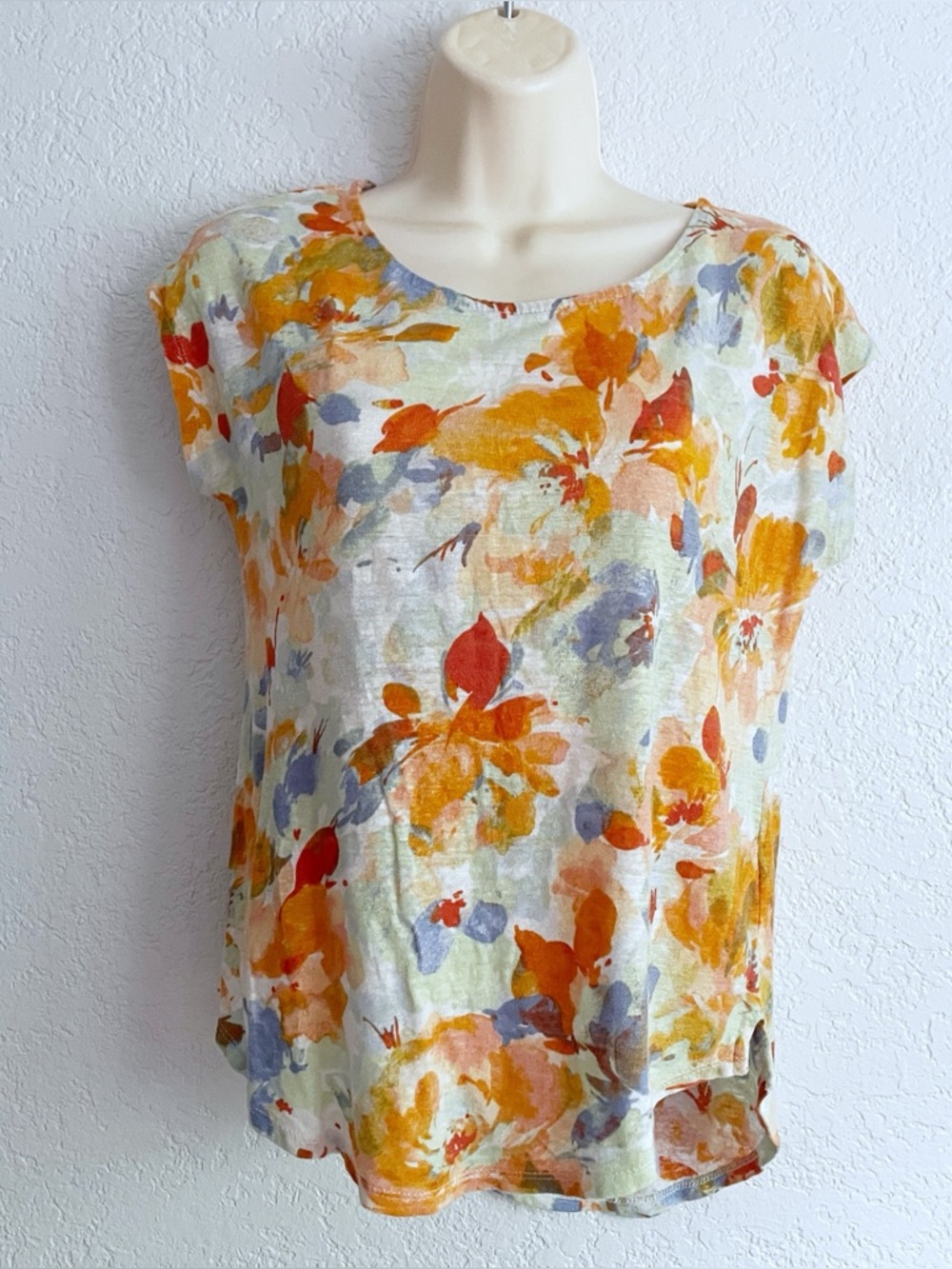 Joie Floral Linen Blend Short Sleeve Top Orange Yellow Lavender Medium Summer